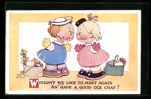 Künstler-AK Mabel Lucie Attwell: Wouldn`t we like to meet again..., Scherz, zankende Mädchen