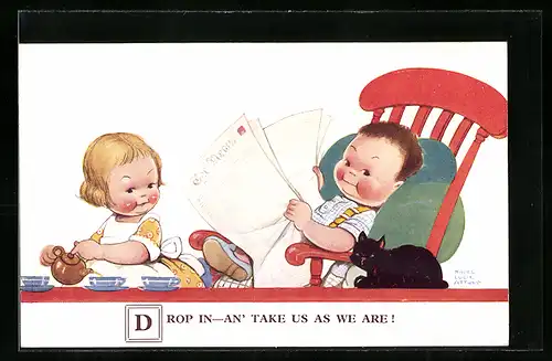 Künstler-AK Mabel Lucie Attwell: Kleines Paar beim Tee