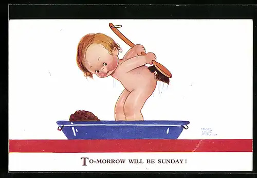 Künstler-AK Mabel Lucie Attwell: Nacktes Kind mit Badebürste