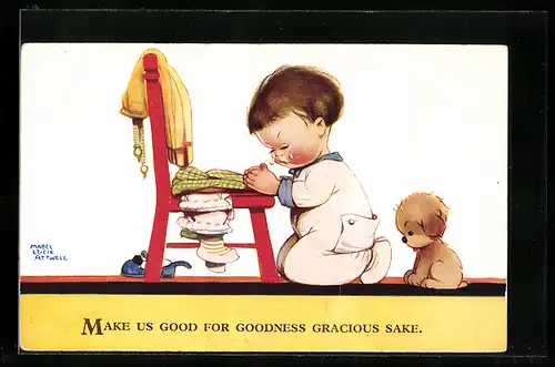 Künstler-AK Mabel Lucie Attwell: Weinender Junge kniet betend vor einem Stuhl