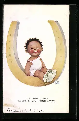 Künstler-AK Mabel Lucie Attwell: Lachendes Kind sitzt auf Hufeisen
