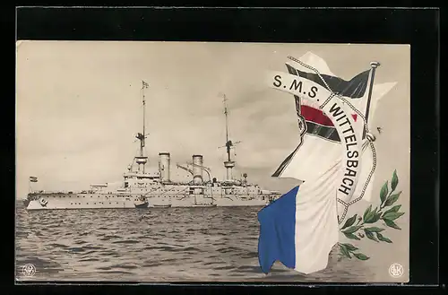 AK Kriegsschiff SMS Wittelsbach, Reichskriegsflagge und Wappen