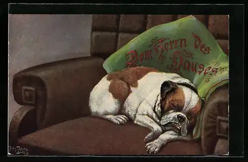 Künstler-AK Arthur Thiele: Bulldogge schläft auf dem Sessel des Herren des Hauses