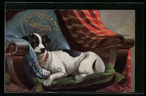 Künstler-AK Arthur Thiele: Jack-Russel-Terrier schläft auf einem Kissen mit Aufschrift Unser Liebling