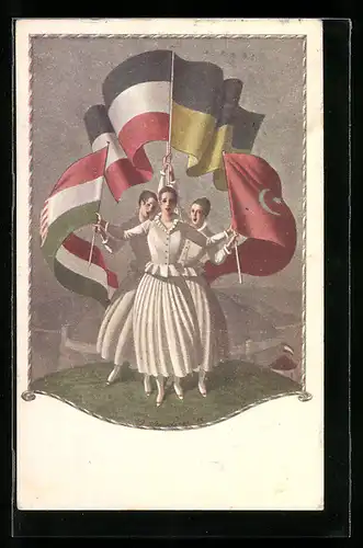 AK Rotes Kreuz Nr. 217, Frau mit Fahnen des Vierbundes, Türkische Fahne