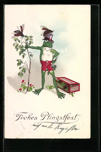 Künstler-AK Maikäfer landet auf dem Hut eines Frosch-Mannes
