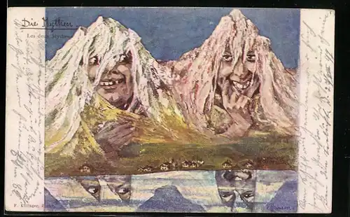 Künstler-AK sign. E. Hansen / Emil Nolde: Die Mythen Berg mit Gesicht / Berggesichter, Reflektion im Gebirgssee