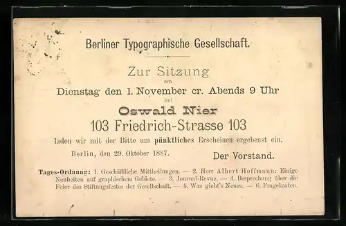 Vorläufer-AK Berliner Typographische Gesellschaft, Sitzung bei Oswald Nier, Friedrich-Str. 103 1887