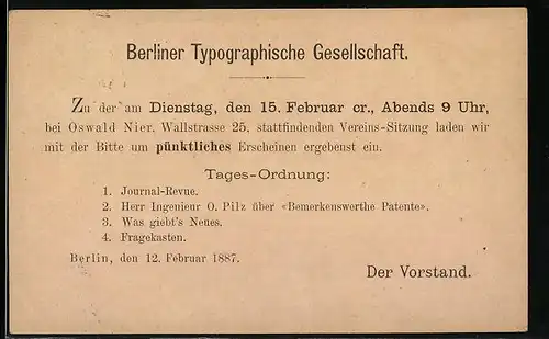 Vorläufer-AK Berliner Typographische Gesellschaft, Sitzung bei Oswald Nier, Wallstrasse 25 1887