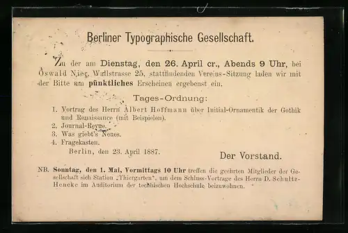 Vorläufer-AK Berliner Typographische Gesellschaft, Sitzung bei Oswald Nier, Wallstrasse 25 1887