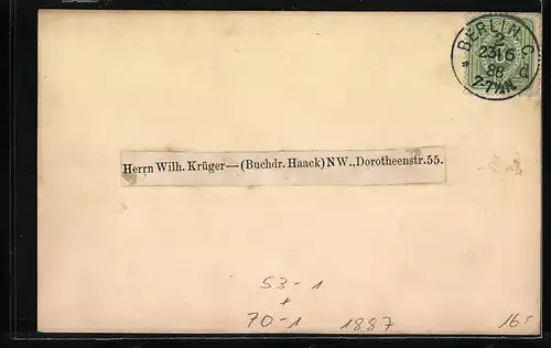 Vorläufer-AK Berliner Typographische Gesellschaft, Sitzung bei Oswald Nier, Friedrich-Str. 103 1888
