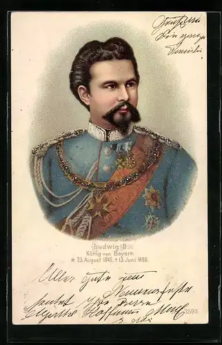 Glitzer-Perl-AK Portrait von Ludwig II., mit Glitzer-Perlen