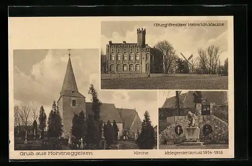AK Hoheneggelsen, Burg, Bes.: Heinrich Kaune, Kirche, Kriegerdenkmal