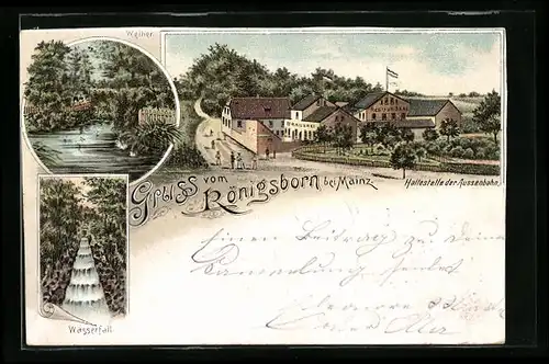 Lithographie Mainz, Brauerei-Restaurant Königsborn, Weiher, Wasserfall