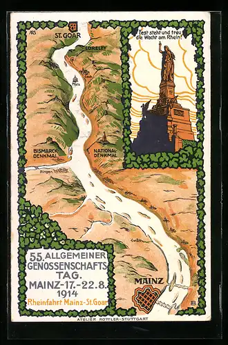 Künstler-AK Mainz, Allgemeiner Genossenschaftstag 1914, Landkarte Rhein, Wacht am Rhein, Becks Heim-Sparkasse
