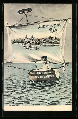 AK Mainz, Panorama mit Dampfer, Kleiner Matrose im Bottich