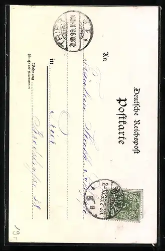 Lithographie Mainz, Fahnenweihe des Mainzer Kriegervereins I.X.99, Krieger mit Rüstung und Kopfschmuck, Stadtansicht