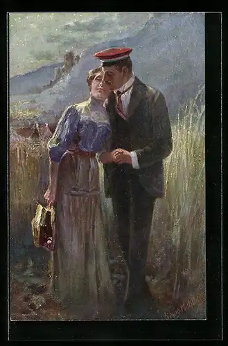 Künstler-AK Georg Mühlberg: Student und Frau spazieren