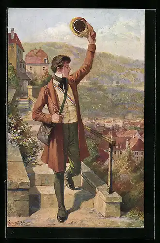 Künstler-AK Georg Mühlberg: Junger Mann winkt mit seiner Mütze
