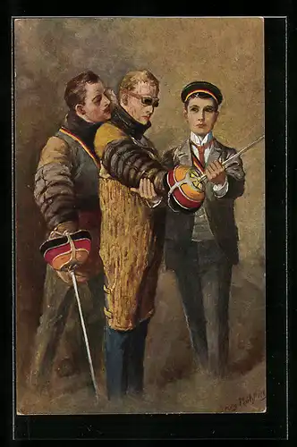 Künstler-AK Georg Mühlberg: Mensurpause, Studenten mit Schlägern