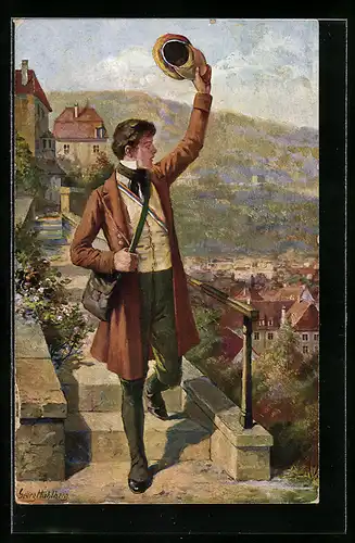 Künstler-AK Georg Mühlberg: Junger Mann winkt mit seiner Mütze