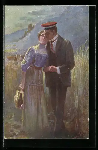 Künstler-AK Georg Mühlberg: Student und Frau spazieren