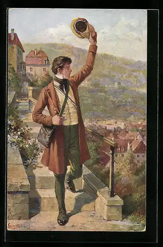 Künstler-AK Georg Mühlberg: Junger Mann winkt mit seiner Mütze