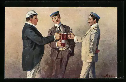 Künstler-AK Georg Mühlberg: Bierduell, drei Herren in Anzügen mit Bierkrügen stossen gemeinsam an