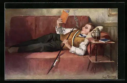 Künstler-AK Georg Mühlberg: Student mit Pfeife beim Lesen