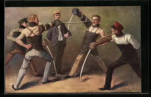 Künstler-AK Georg Mühlberg: Studententen bei der Säbelmensur