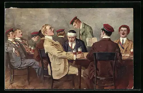 Künstler-AK Georg Mühlberg: Santus, Studenten sitzen in einer Kneipe und trinken Bier