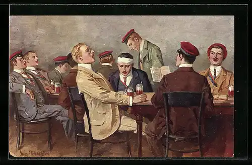 Künstler-AK Georg Mühlberg: Santus, Studenten sitzen in einer Kneipe und trinken Bier