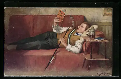 Künstler-AK Georg Mühlberg: Student mit Pfeife beim Lesen