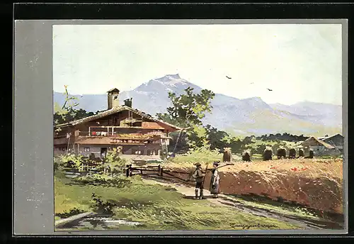 Künstler-AK Theodor Guggenberger: Schweizer Landschaft - Haus und Weizenfeld