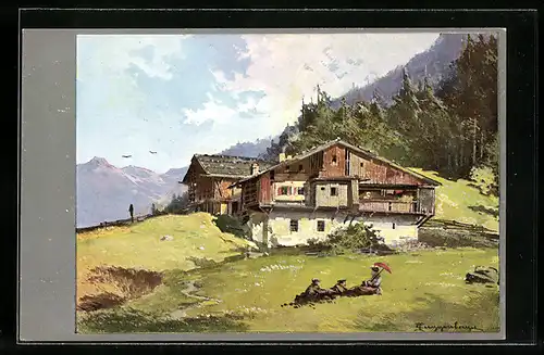 Künstler-AK Theodor Guggenberger: Schweizer Landschaft - Häuser und kleine Gesellschaft auf einer Wiese