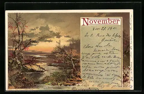 Künstler-AK Theodor Guggenberger: November, Allegorie, Abendstimmung am Fluss