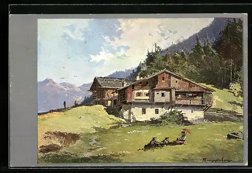 Künstler-AK Theodor Guggenberger: Schweizer Landschaft - Häuser und kleine Gesellschaft auf einer Wiese