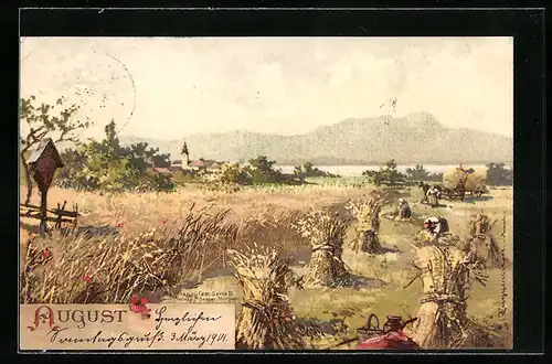 Künstler-AK Theodor Guggenberger: Kornernte im August