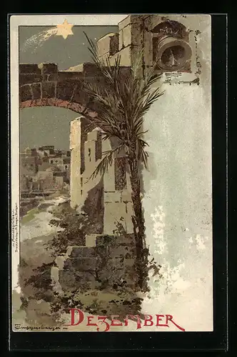 Künstler-AK Theodor Guggenberger: Dezember, Altes Gemäuer mit Glocke im Orient