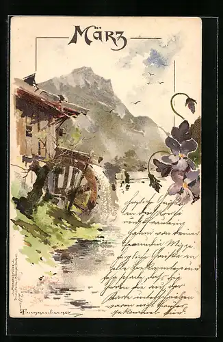 Künstler-AK Theodor Guggenberger: März, Bachlauf mit Wassermühle