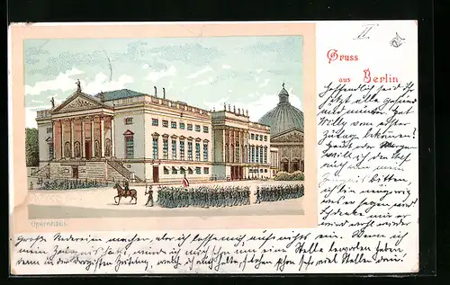 Lithographie Berlin, Opernhaus mit Militärparade