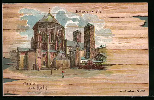 Lithographie Köln, vor der St. Georeon-Kirche