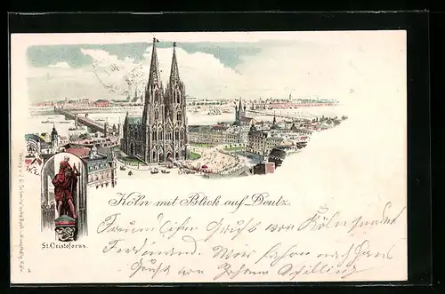 Lithographie Köln, Ortsansicht mit Blick auf Deutz und St. Cristoforus