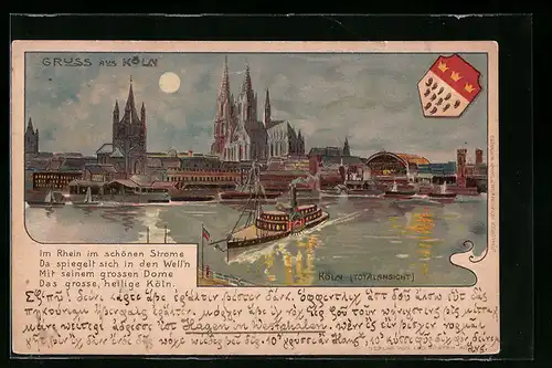 AK Köln, Totalansicht vom Rhein aus dem Dom, Ausflugsdampfer, Wappen