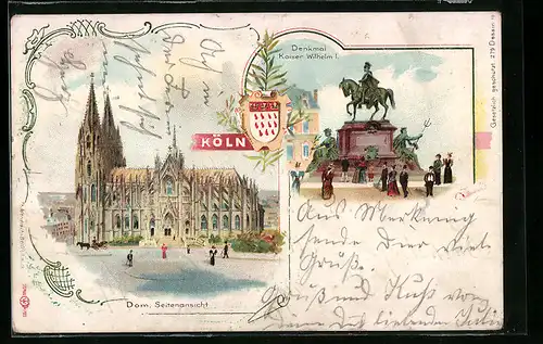 Lithographie Köln, Kölner Dom in Seitenansicht, Denkmal Kaiser Wilhelm I.