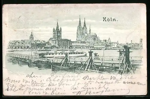 Lithographie Köln, Bootsanlegestelle vor Dom-Kulisse