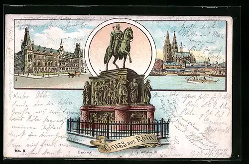 Lithographie Köln, Fr. Wilhelm III., Gebäudeansicht, Uferpartie mit Dom