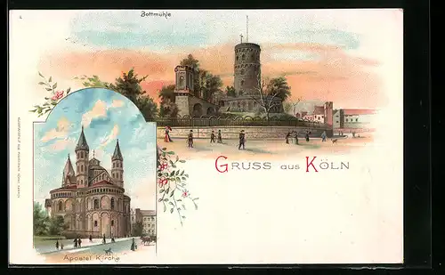 Lithographie Köln, Apostel Kirche und Bottmühle