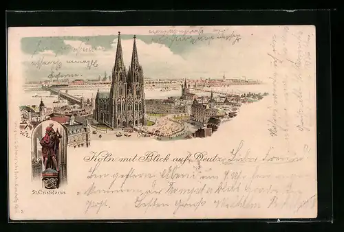 Lithographie Köln, Teilansicht mit Dom und Blick auf Deutz, St. Christoforus