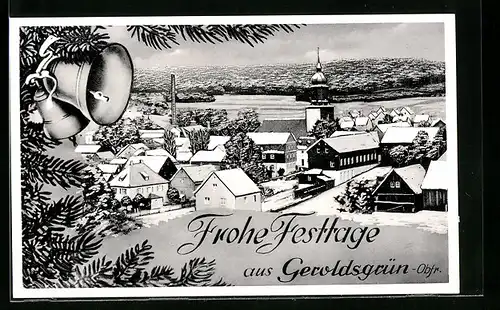 AK Geroldsgrün /Obfr., Teilansicht mit Kirche im Schnee, Tanne mit Glocken, Festtagsgruss